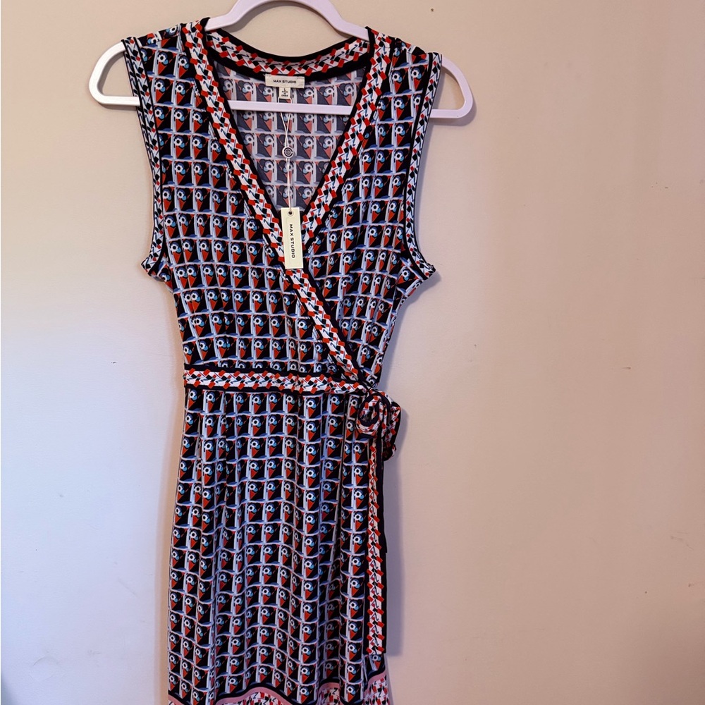 Max Studio Blue and White Sleeveless Wrap Midi Dress